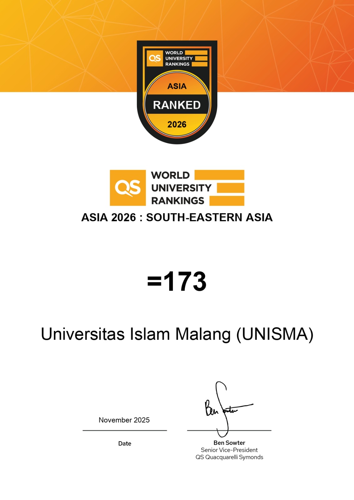 Peringkat UNISMA  di QS Asia University Rankings 2026 Terus Melesat, Terbaik di Kalangan PTNU