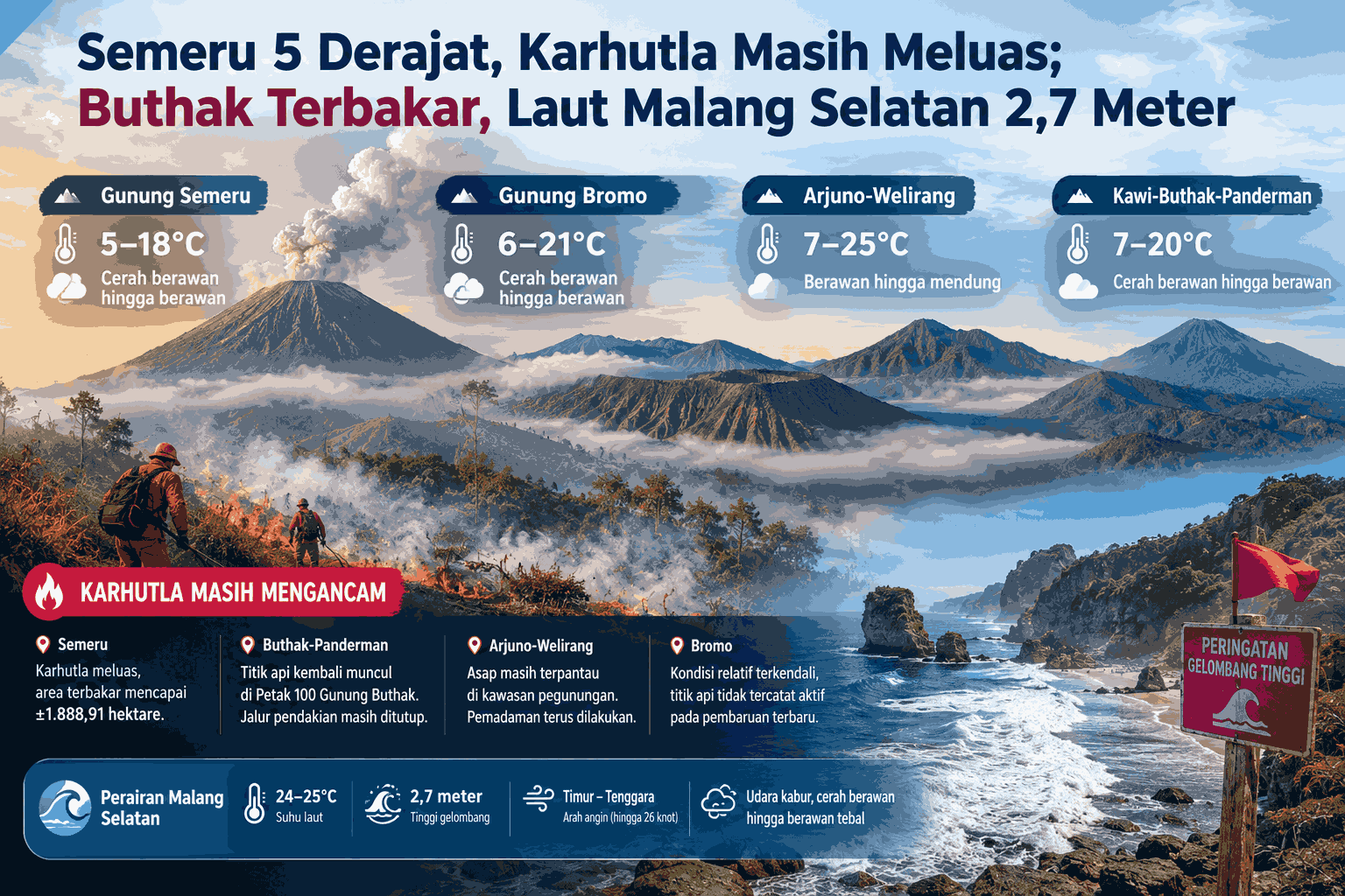 Semeru 5 Derajat, Karhutla Meluas; Bromo 6 Derajat, Ombak Laut Malang Selatan 2,7 Meter