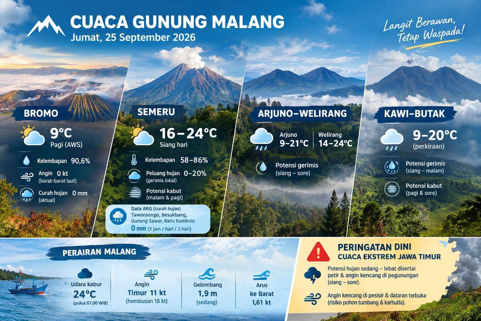 Cuaca Gunung Malang 25 September: Bromo 9°C, Semeru Cerah Berawan, Arjuno-Kawi Potensi Gerimis