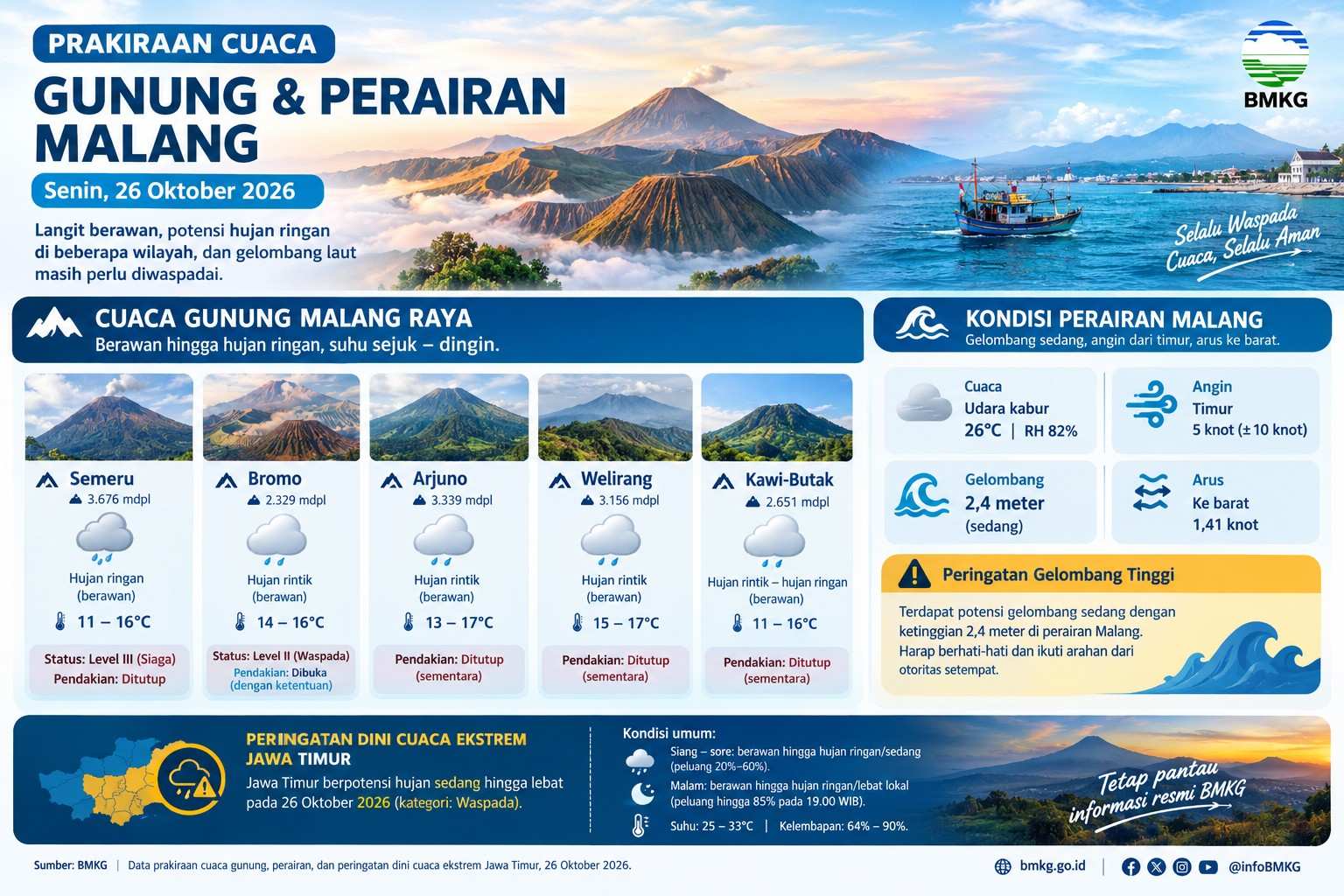 Cuaca Semeru hingga Arjuno Hari Ini, Hujan Rintik dan Jalur Pendakian Ditutup, Wisata Bromo Dibuka