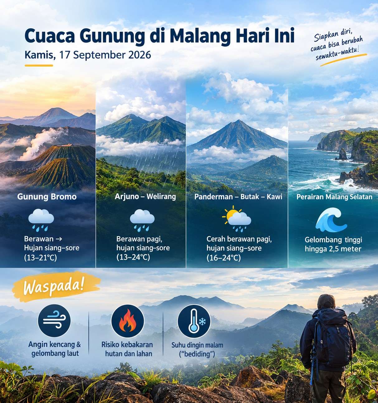 Cuaca Gunung di Malang Hari Ini: Hujan Ringan Siang-Sore, Gelombang Selatan Capai 2,5 Meter