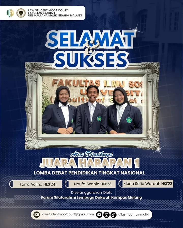 Delegasi LASMOOT UIN Malang Raih Juara Harapan 1 Debat Pendidikan Tingkat Nasional