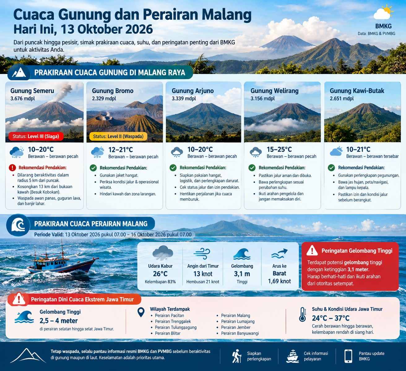 Cuaca Gunung Malang 13 Oktober: Semeru Siaga, Arjuno Dingin 10°C, Gelombang Laut Capai 3,1 Meter