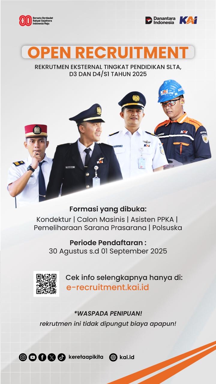 KAI Buka Rekrutmen Eksternal, Pendaftaran 30 Agustus–1 September 2025