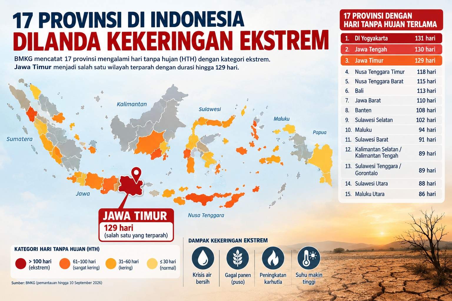 Jawa Timur Masuk Wilayah Paling Kering, Hari Tanpa Hujan Tembus 129 Hari