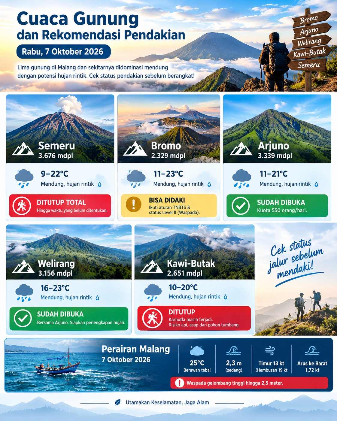 Cuaca Gunung 7 Oktober: Bromo-Semeru hingga Kawi-Butak Hujan Rintik, Cek Status Pendakian