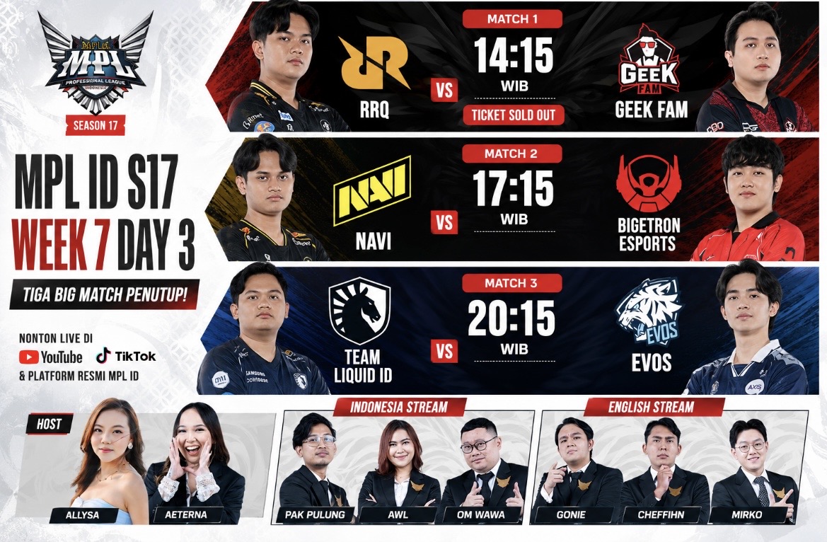 Tiga Big Match Warnai Penutup MPL ID S17 Week 7 Hari Ketiga, RRQ hingga EVOS Siap Tampil