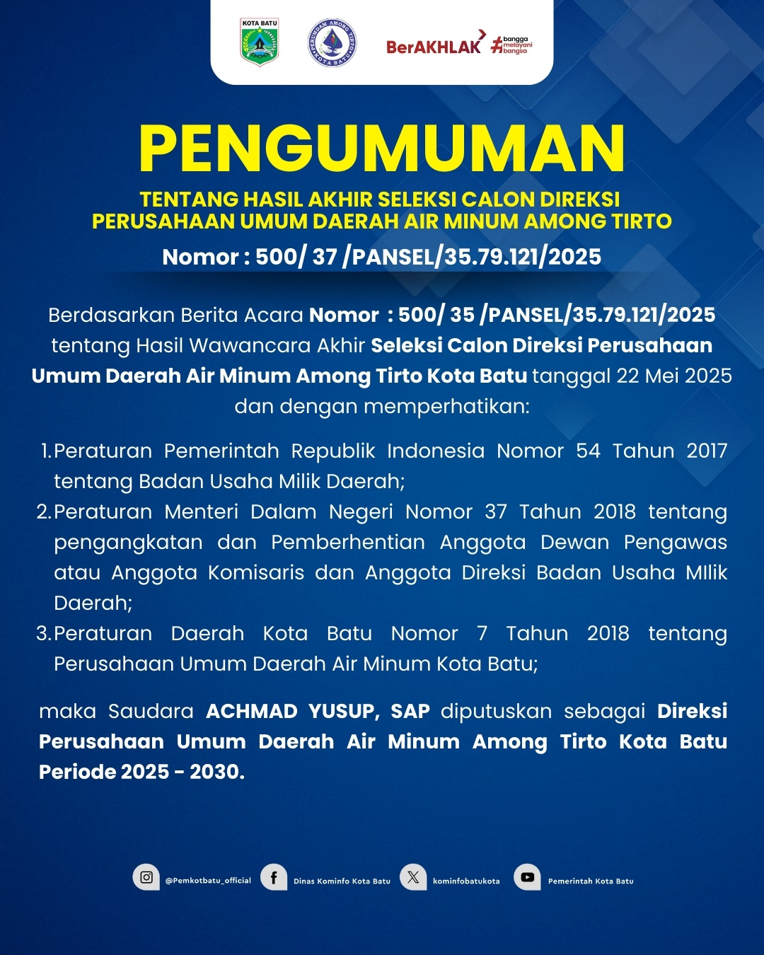 Achmad Yusup Resmi Pimpin Perumdam Among Tirto Kota Batu 2025–2030
