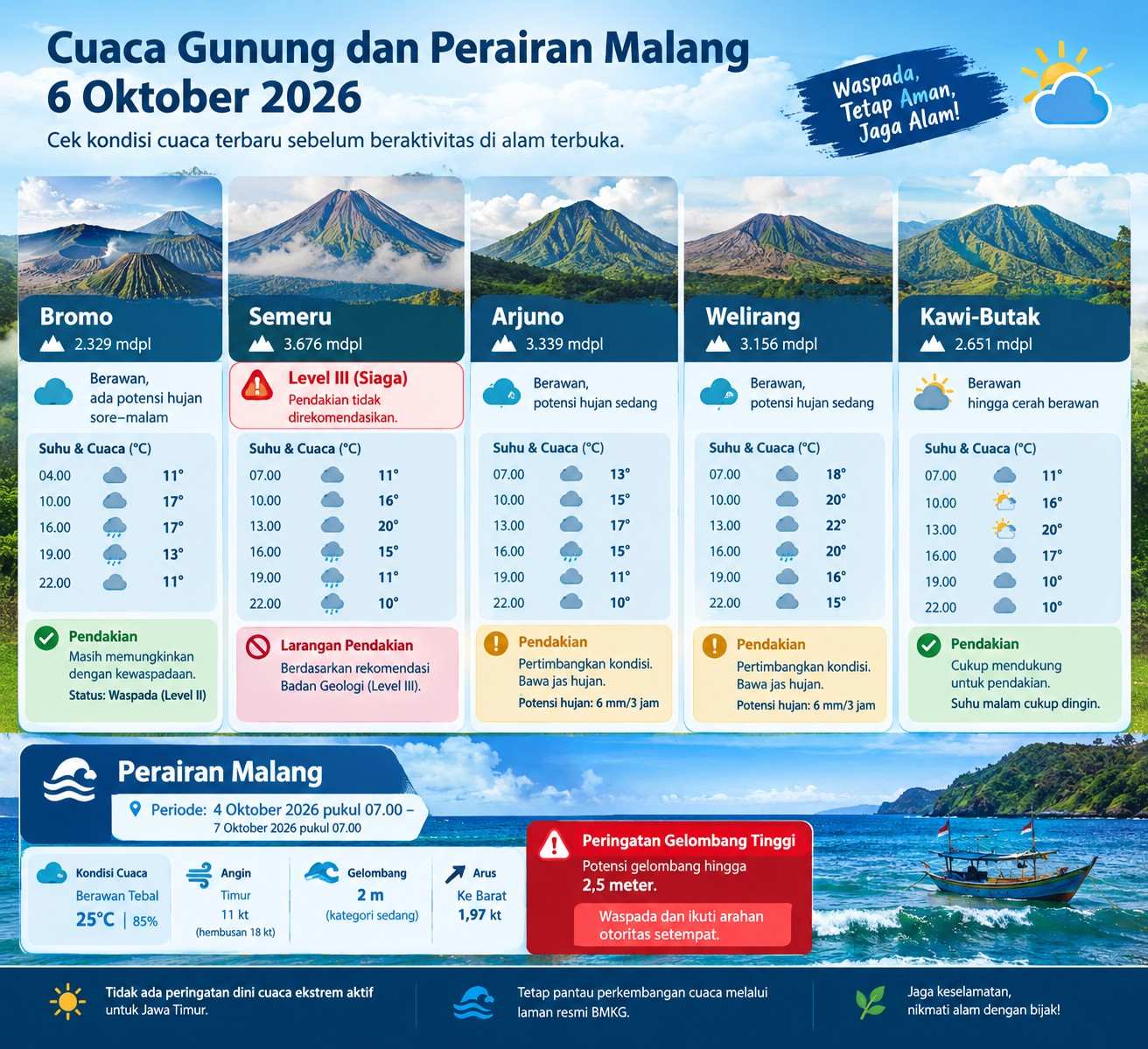 Cuaca Gunung Malang 6 Oktober: Bromo hingga Kawi-Butak Berawan, Cek Rekomendasi Pendakian