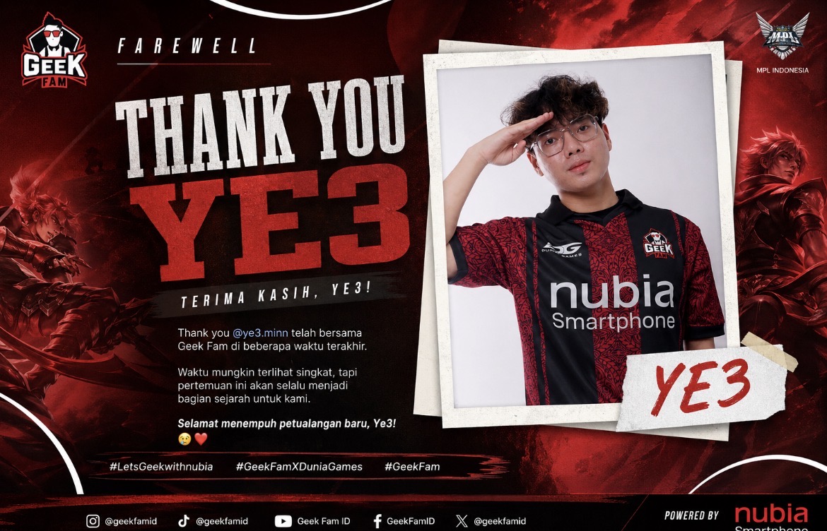 Geek Fam Resmi Lepas Ye3, Sampaikan Terima Kasih atas Kontribusinya