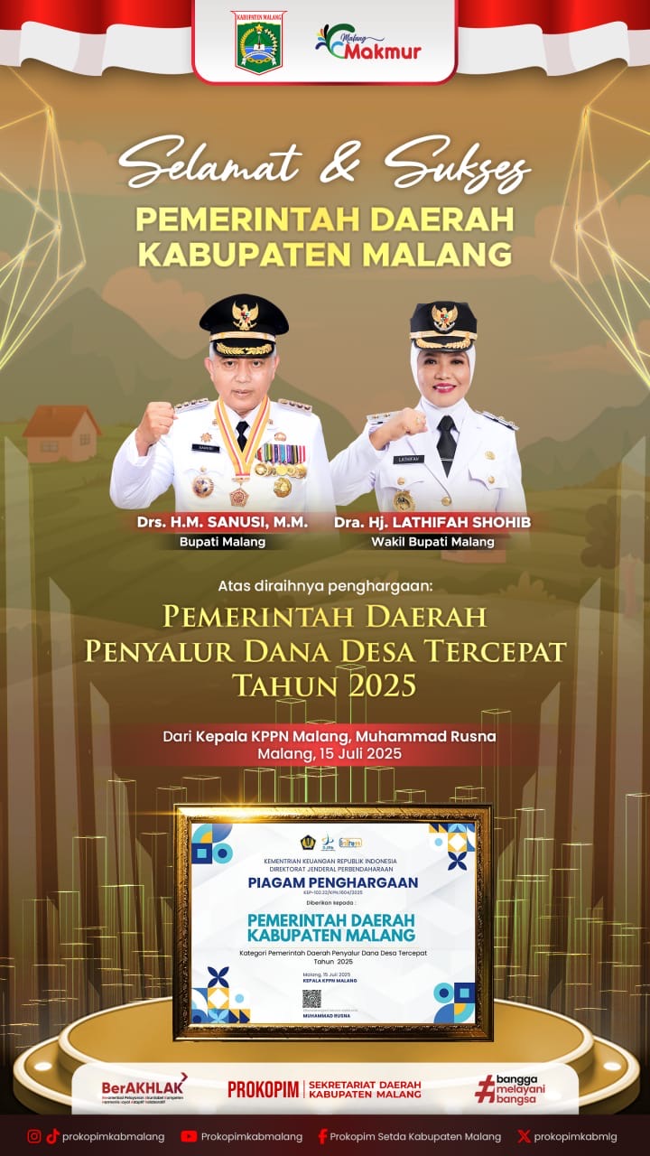 Kabupaten Malang Raih Penghargaan Penyalur Dana Desa Tercepat se-Jatim Tahun 2025