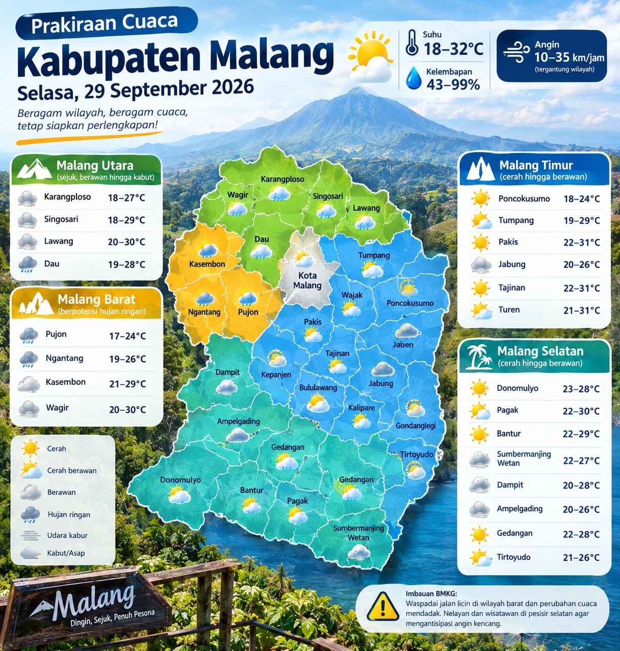 Cuaca Kabupaten Malang 29 September: Suhu 18–32 Derajat, Pujon dan Ngantang Hujan Ringan 