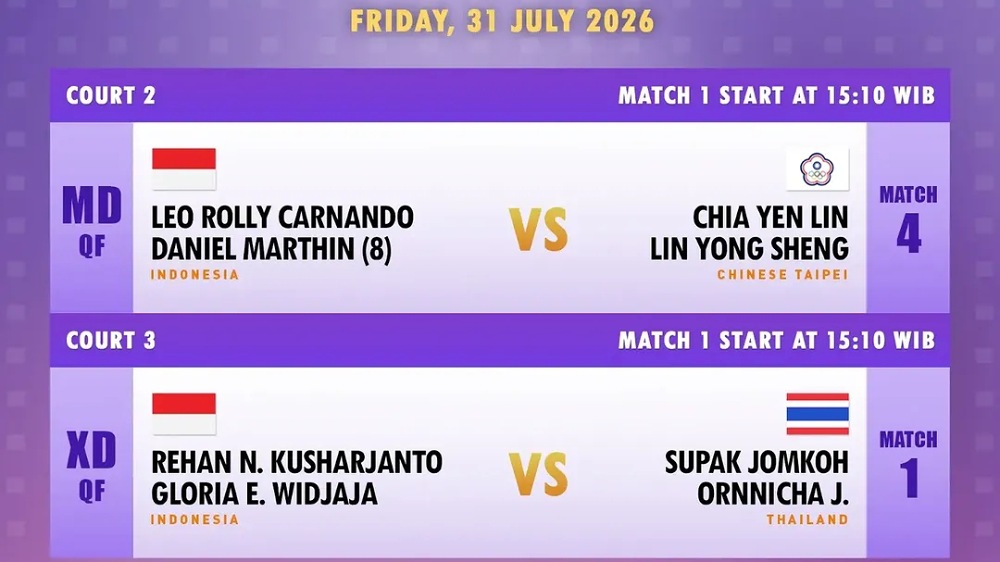 Jadwal Perempat Final BWF Taipei Open 2026 Hari Ini: Leo/Daniel dan Rehan/Gloria Berebut Tiket Semifinal