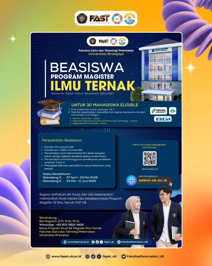 FAST UB Buka Beasiswa Magister Ilmu Ternak untuk 30 Mahasiswa Eligible