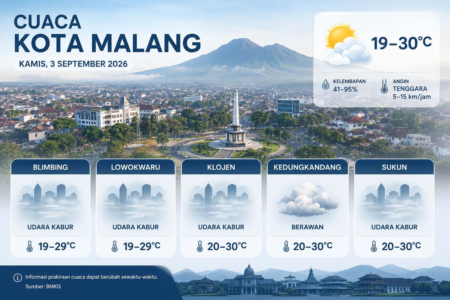 Prakiraan Cuaca Kota Malang Hari Ini, Blimbing hingga Lowokwaru Diselimuti Udara Kabur