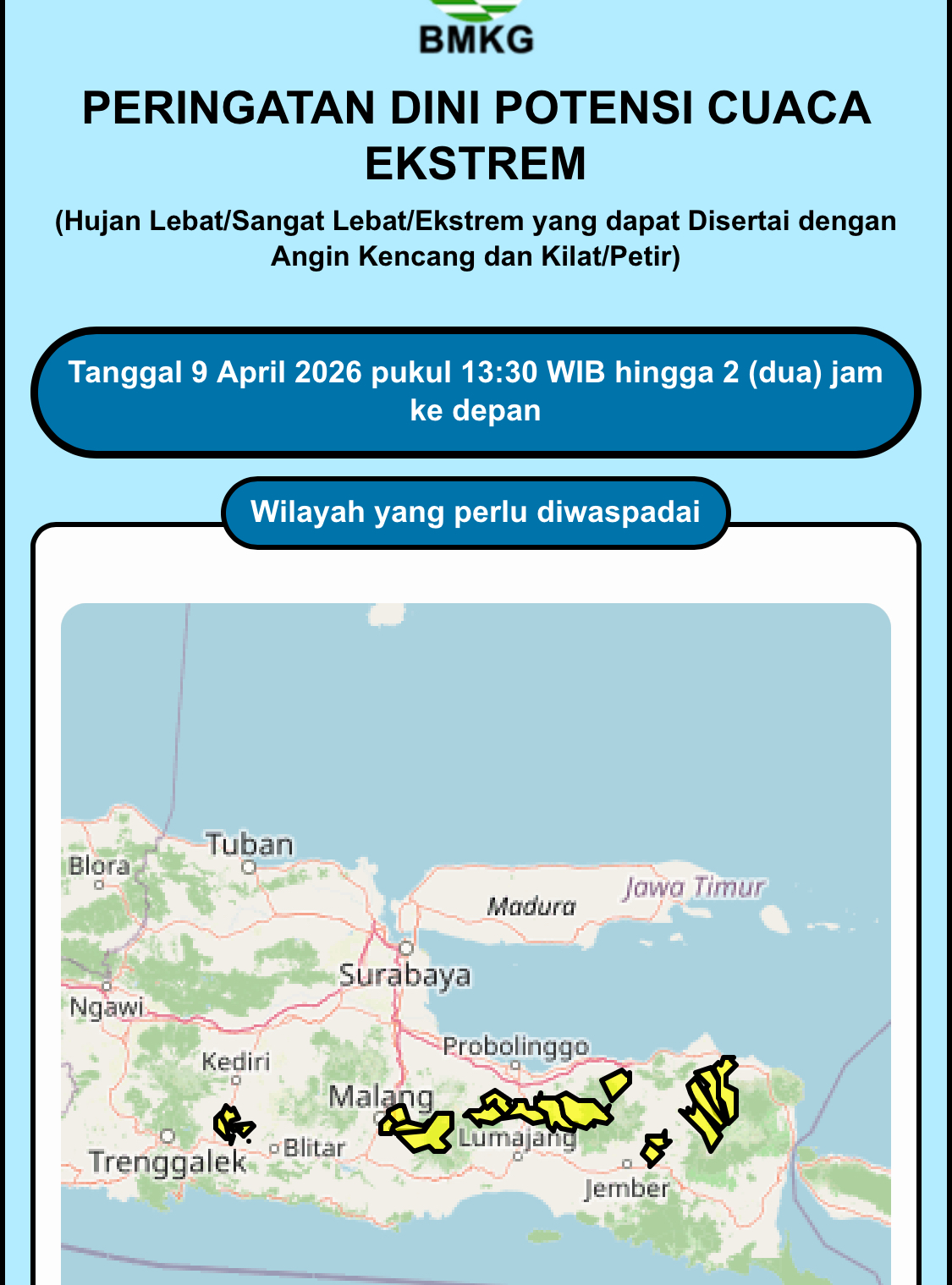 BMKG Keluarkan Peringatan Dini Cuaca Ekstrem di Jatim, Malang Raya Masuk Zona Waspada