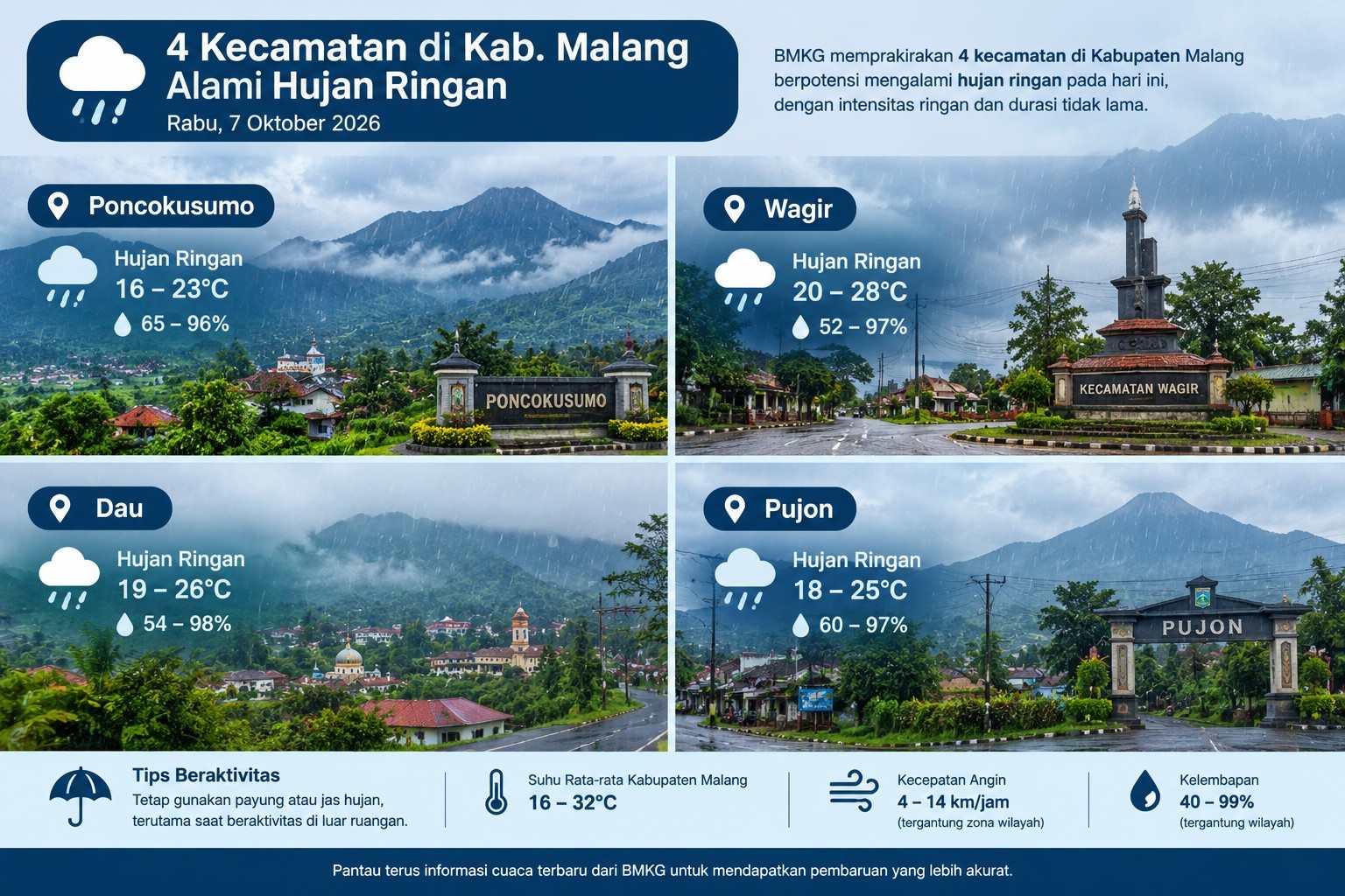 Cuaca Kabupaten Malang 7 Oktober: 4 Kecamatan Hujan Ringan, Suhu 16-32°C, Angin Ringan-Sedang