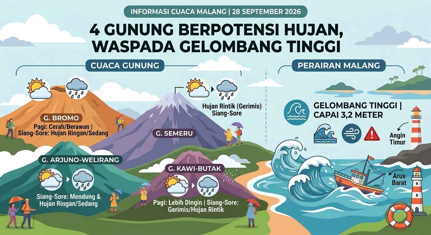 Bromo, Semeru hingga Arjuno Berpotensi Hujan 28 September, Perairan Malang Gelombang 3,2 Meter