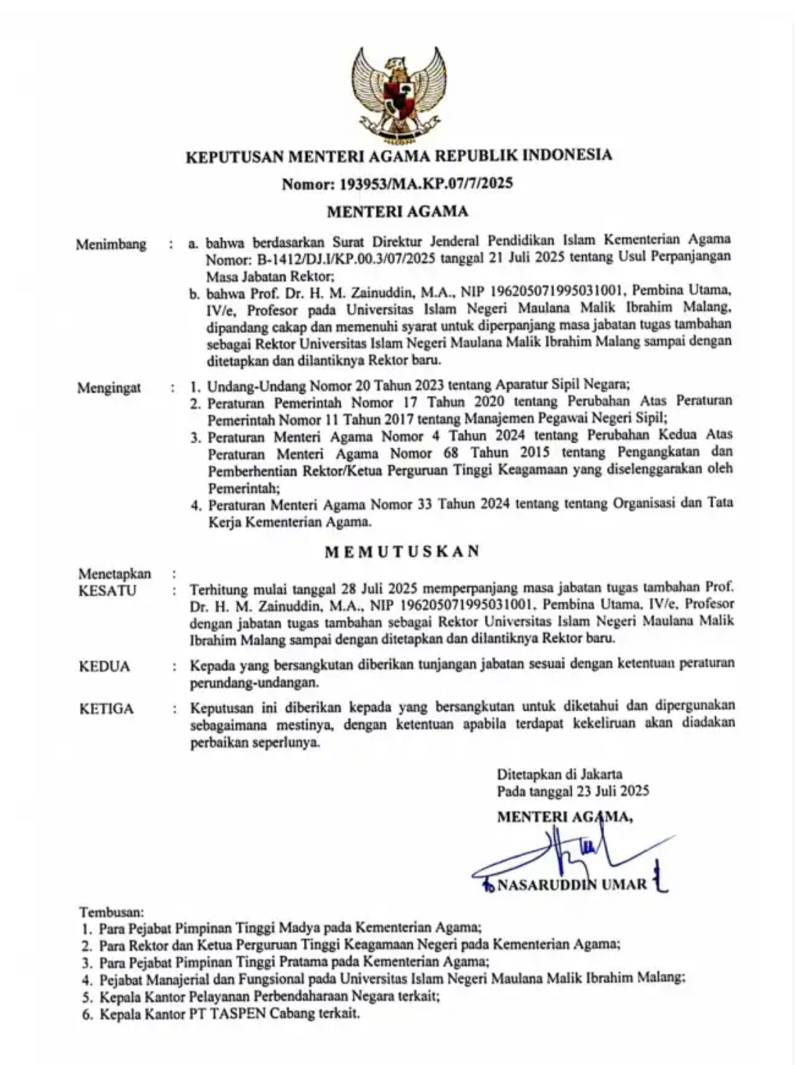 Pilrek Belum Rampung, Kemenag Perpanjang Masa Jabatan Rektor UIN Malang