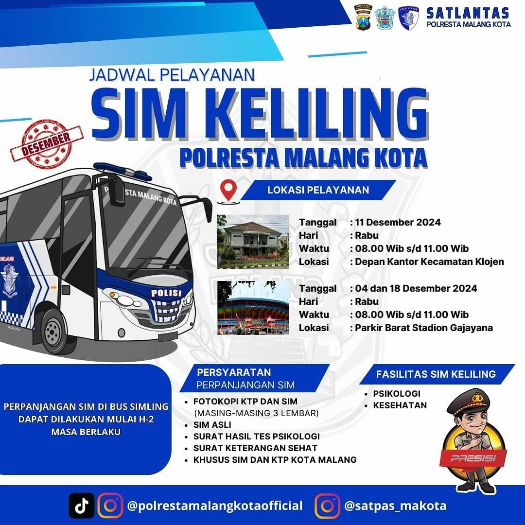 Jadwal  SIM Keliling Malang Kota Desember 2024, Simak Syarat dan Biayanya