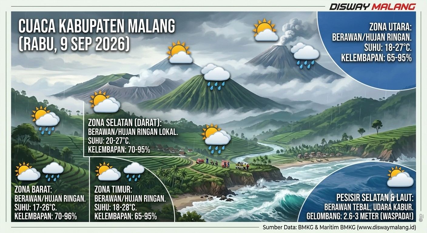 Prakiraan Cuaca Kabupaten Malang 9 September: Ada Kabut, Berawan hingga Hujan Ringan