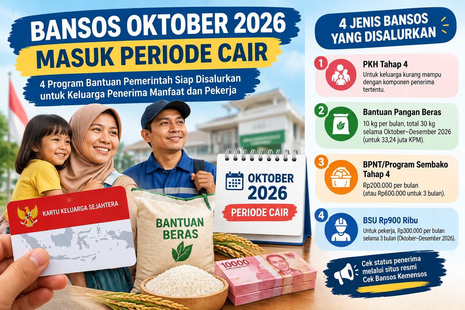 4 Bansos Oktober 2026 Masuk Periode Cair: PKH, BPNT, Beras 30 Kg, dan BSU Rp900 Ribu