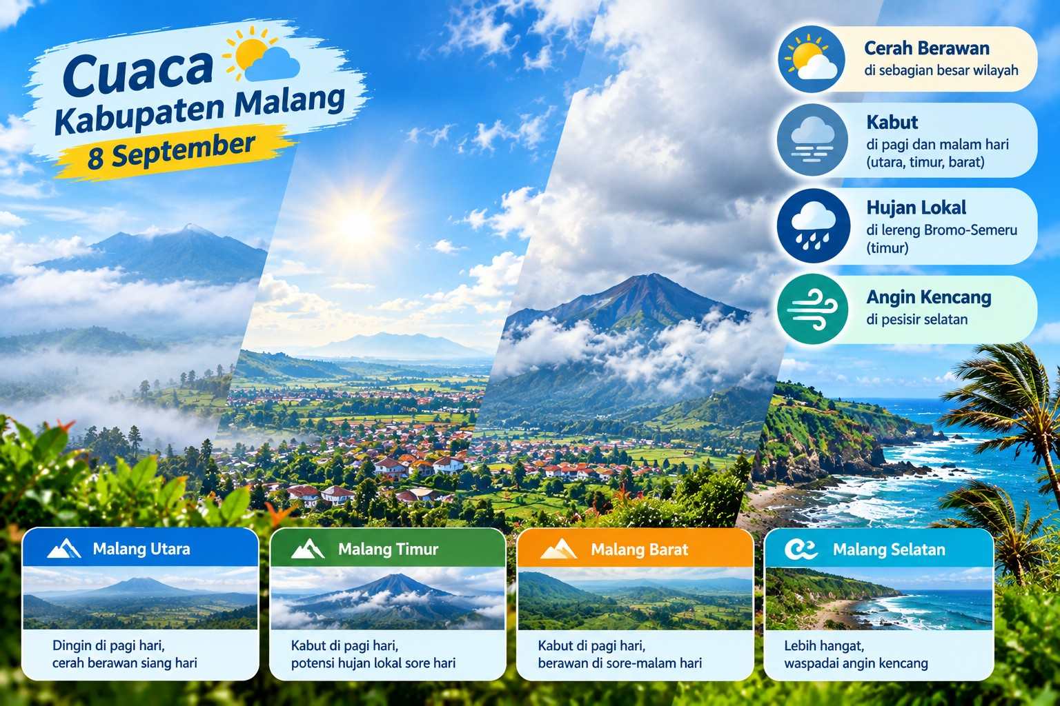 Cuaca Kabupaten Malang Hari Ini 8 September: Pegunungan Kabut Suhu 14 Derajat, Pesisir Selatan Angin Kencang