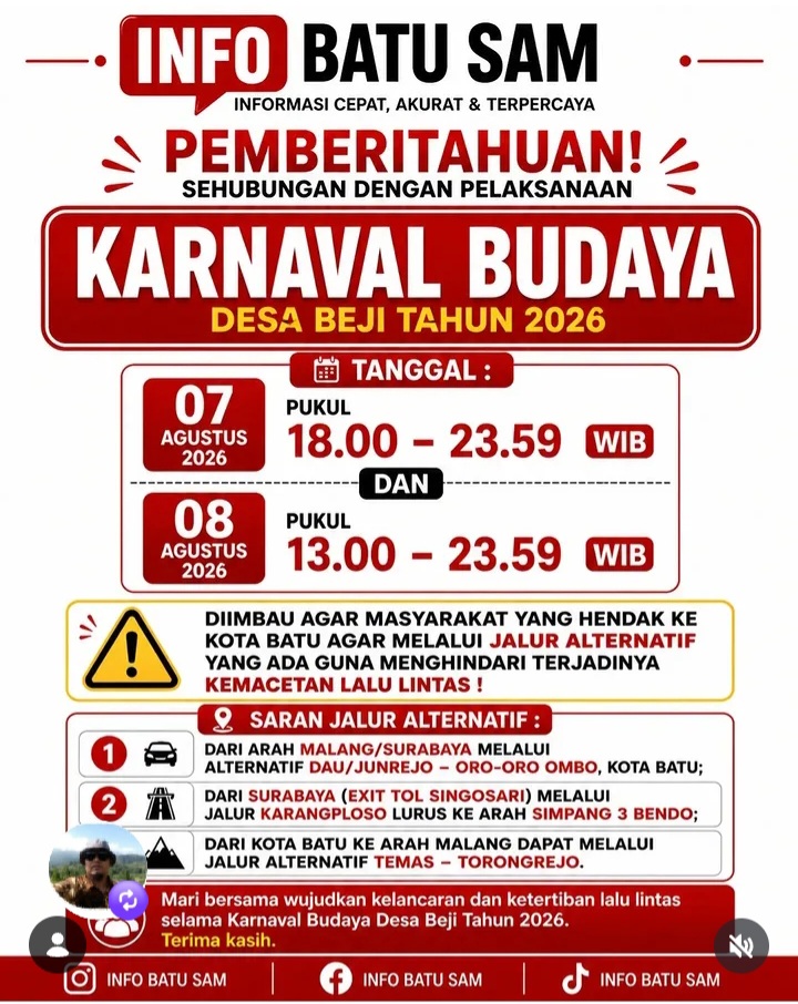 Karnaval Budaya Desa Beji 2026 Digelar Hari Ini, Simak Jadwal Penutupan Jalan dan Jalur Alternatif