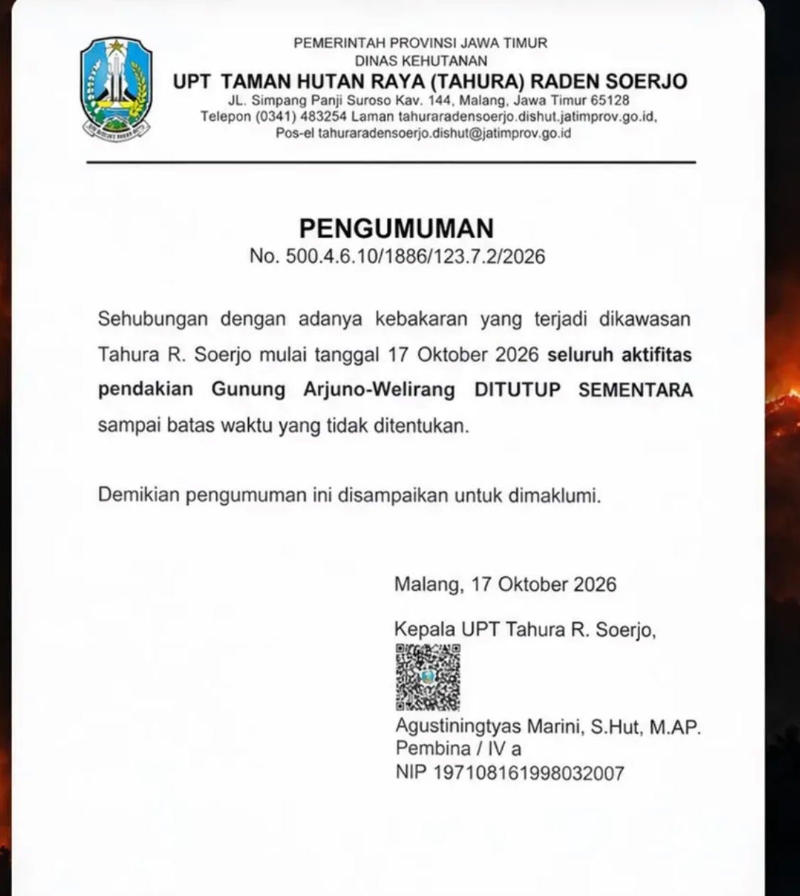 Kebakaran Arjuno-Welirang Meluas, Jalur Pendakian Welirang Ditutup