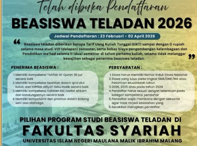 Fakultas Syariah UIN Malang Buka Pendaftaran Beasiswa Teladan 2026, Kuliah Gratis hingga 8 Semester