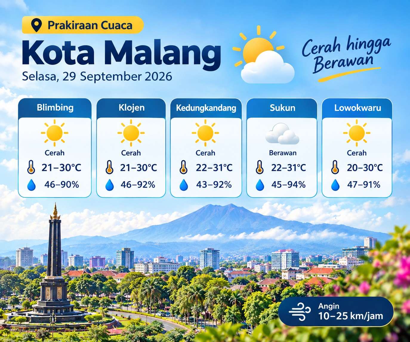 Cuaca Kota Malang 29 September 2026: Cerah hingga Berawan, Suhu Capai 31 Derajat