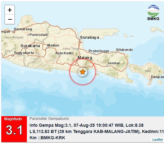 Gempa Magnitudo 3,1 Guncang Tenggara Kabupaten Malang, Tidak Berpotensi Tsunami, Warga Diminta Tetap Waspada