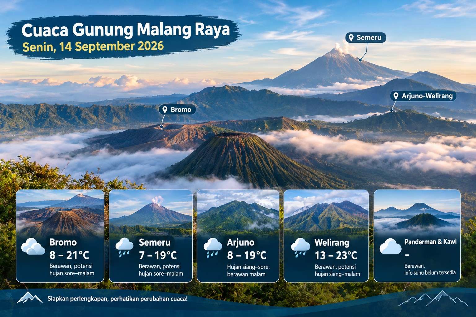 Cuaca Gunung Malang Raya Hari Ini 14 September 2026: Bromo 8–21 Derajat, Semeru Berpotensi Hujan Sore