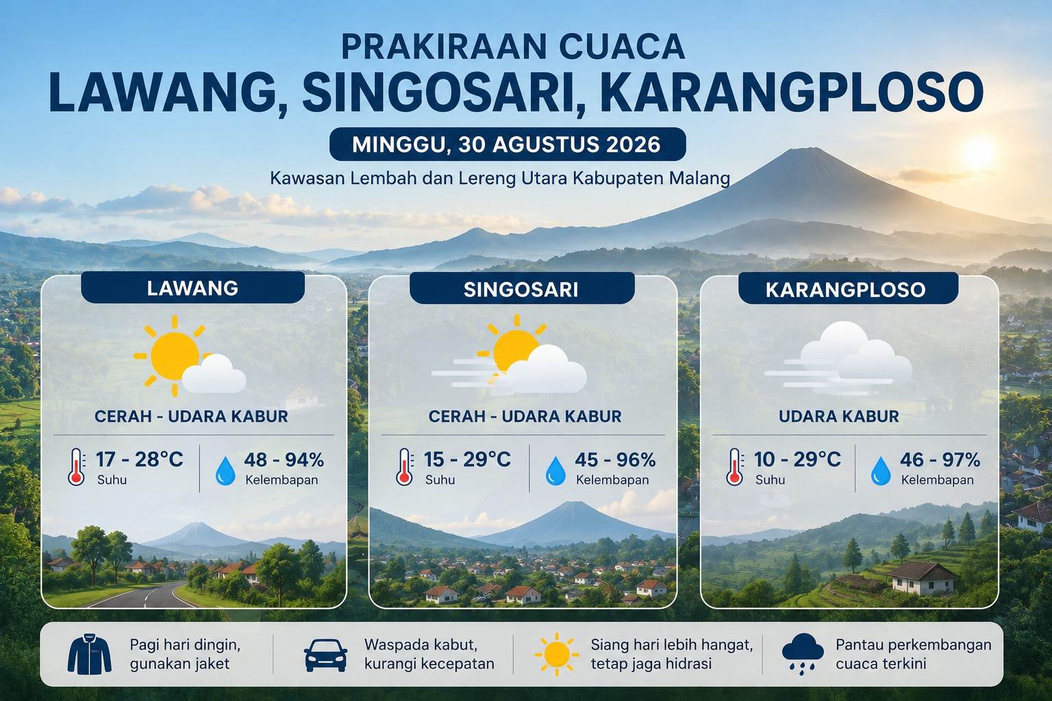 Prakiraan Cuaca Lawang, Singosari, Karangploso Hari Ini: Suhu Bisa 10°C, Ada Kabut