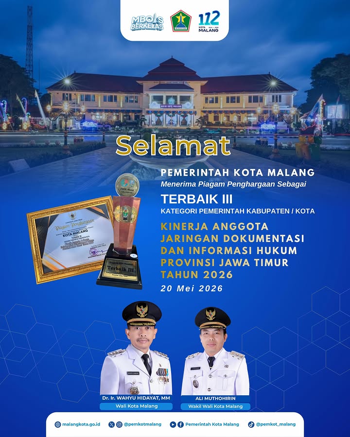 Pemkot Malang Raih Predikat AA dan Terbaik III Kinerja JDIH Jawa Timur