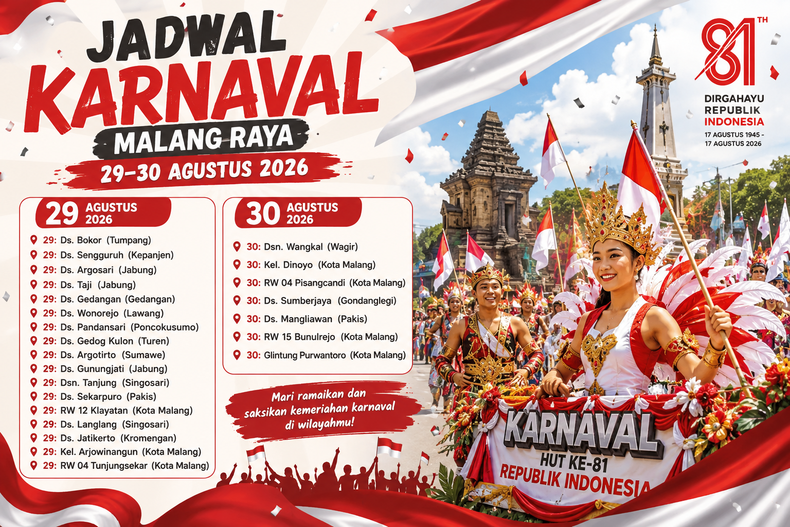 Semarak HUT ke-81 RI, 24 Wilayah di Malang Raya Gelar Karnaval 29–30 Agustus