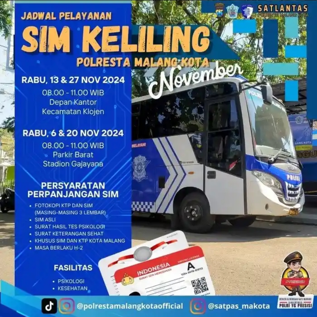 Layanan SIM Keliling Kota Malang November 2024, di Stadion Gajayana dan Kecamatan Klojen 