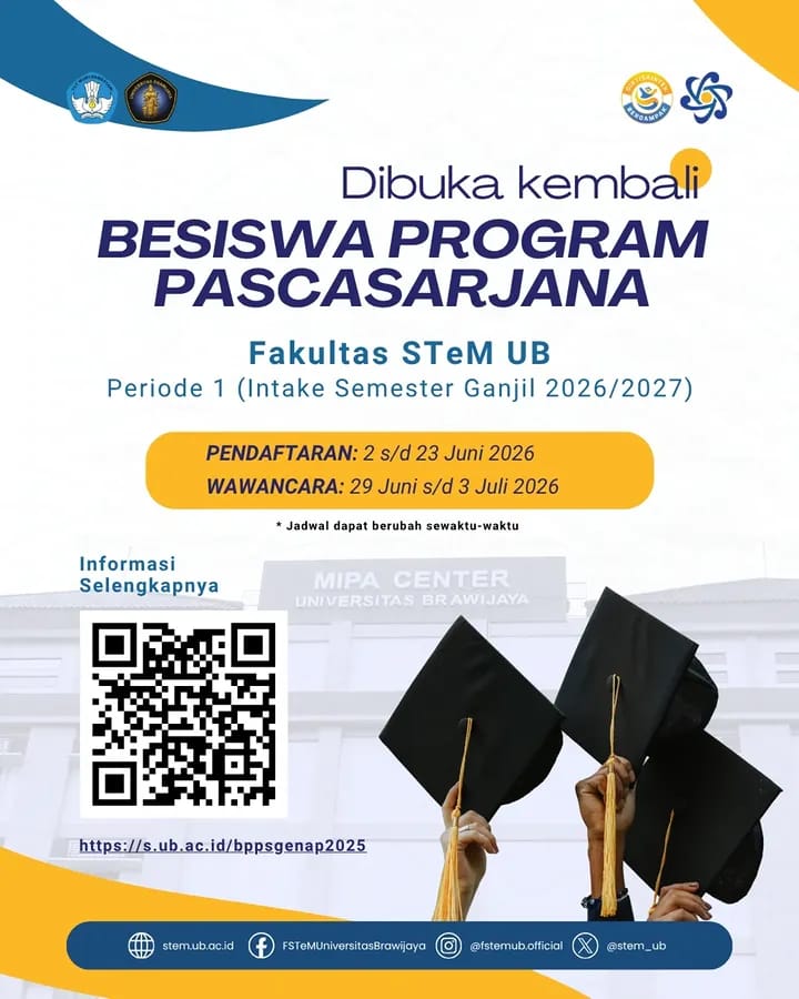 Fakultas STeM UB Kembali Buka Beasiswa Pascasarjana, Pendaftaran Berlangsung hingga 23 Juni 2026