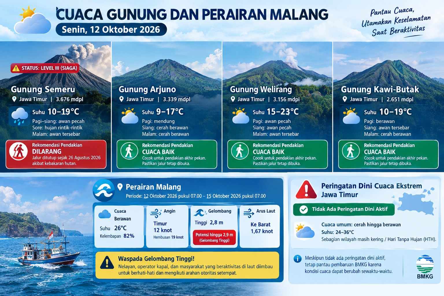 Semeru Erupsi Erupsi Dini Hari, Simak Cuaca Gunung Malang Hari Ini, Gelombang Selatan 2,9 Meter