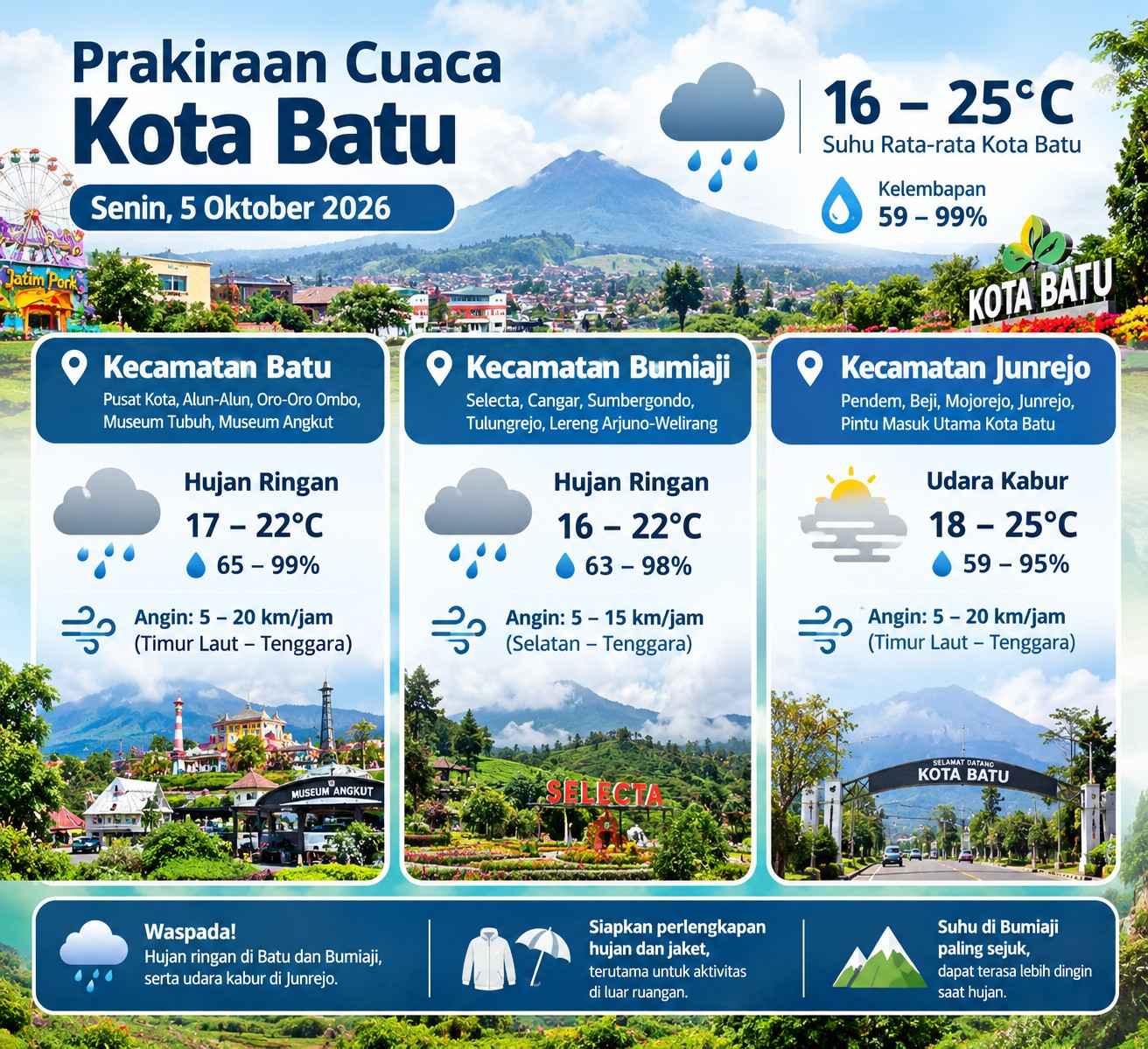 Cuaca Kota Batu 5 Oktober: Batu dan Bumiaji Hujan Ringan, Suhu 16–25°C