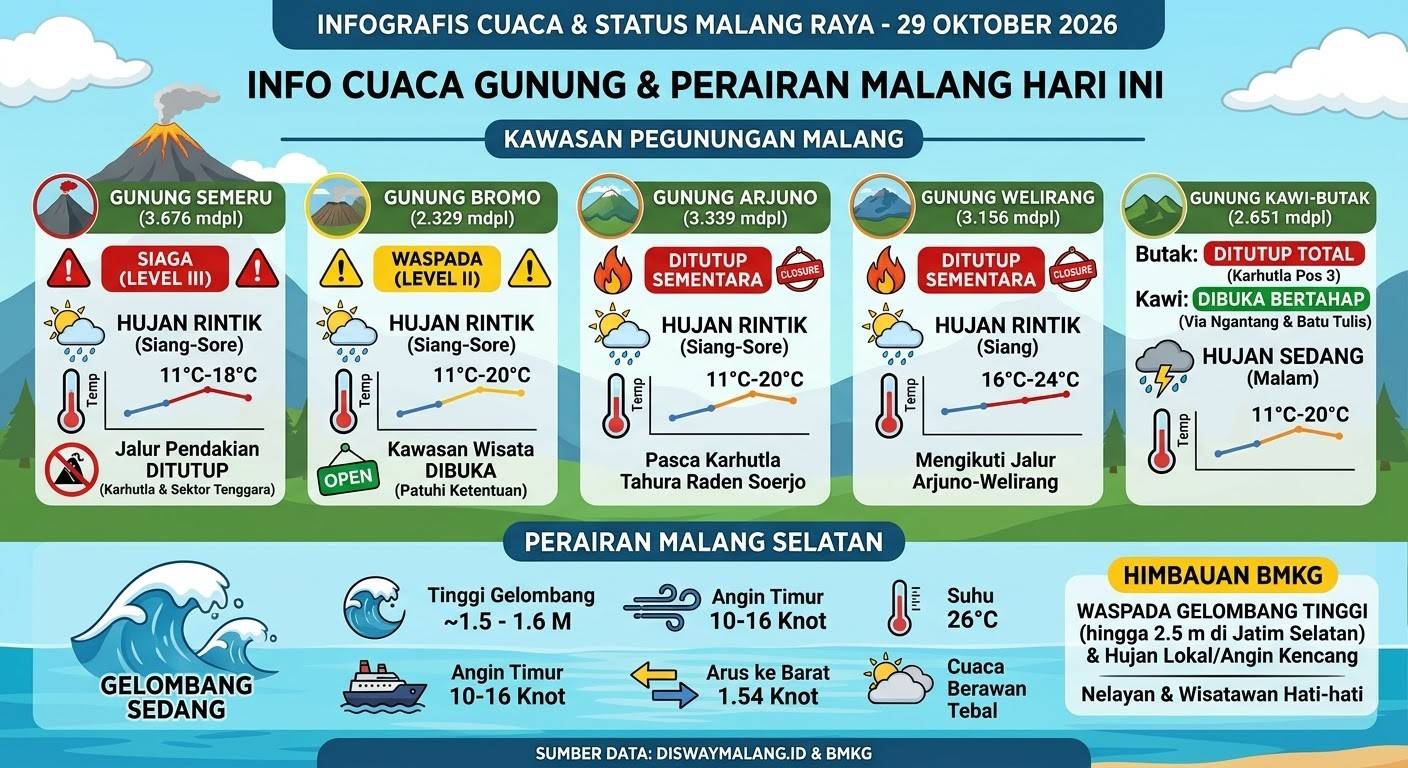 Cuaca Semeru, Bromo, Arjuno hingga Kawi-Butak 29 Oktober, Ini Status Pendakian dan Wisatanya