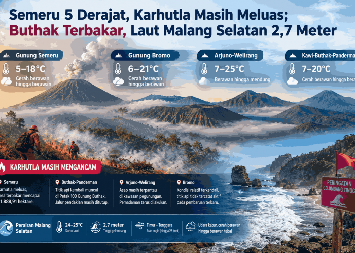 Semeru 5 Derajat, Karhutla Meluas; Bromo 6 Derajat, Laut Malang Selatan 2,7 Meter