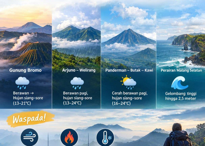 Cuaca Gunung di Malang Hari Ini: Hujan Ringan Siang-Sore, Gelombang Selatan Capai 2,5 Meter