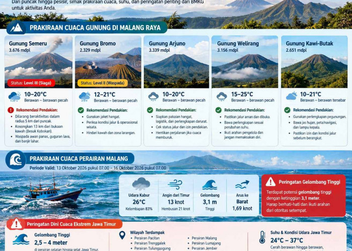 Cuaca Gunung Malang 13 Oktober: Semeru Siaga, Arjuno Dingin 10°C, Gelombang Laut Capai 3,1 Meter