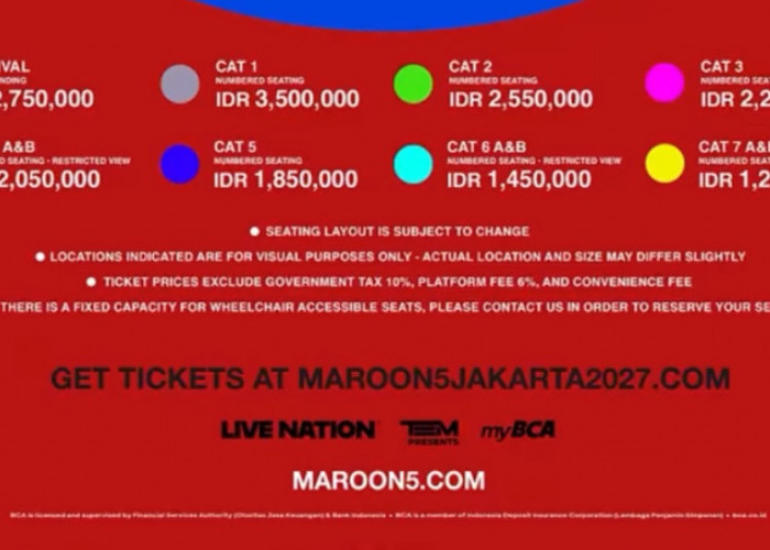 Harga Tiket Konser Maroon 5 Jakarta 2027, Mulai Rp1,25 Juta hingga Paket VIP Rp4,9 Juta