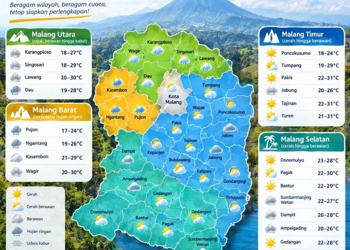 Cuaca Kabupaten Malang 29 September: Suhu 18–32 Derajat, Pujon dan Ngantang Hujan Ringan 