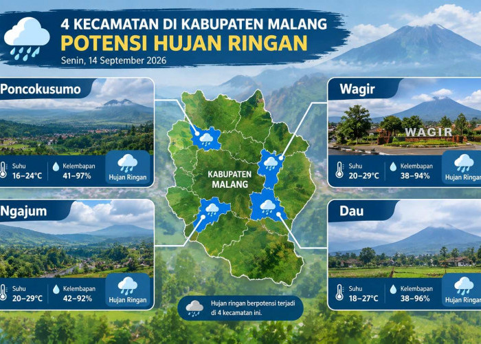 Cuaca Kabupaten Malang Hari Ini 14 September 2026: 4 Kecamatan Potensi Hujan Rngan, Poncokusumo  16–24 Derajat