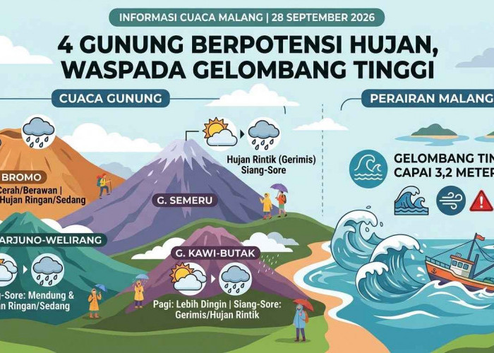 Bromo, Semeru hingga Arjuno Berpotensi Hujan 28 September, Perairan Malang Gelombang 3,2 Meter