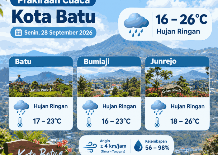 Cuaca Kota Batu 28 September 2026: Tiga Kecamatan Hujan Ringan, Suhu 16-26 Derajat