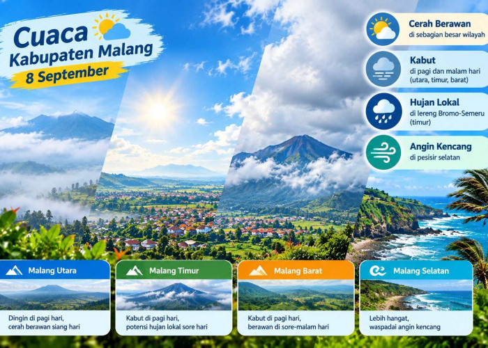 Cuaca Kabupaten Malang Hari Ini 8 September: Pegunungan Kabut Suhu 14 Derajat, Pesisir Selatan Angin Kencang